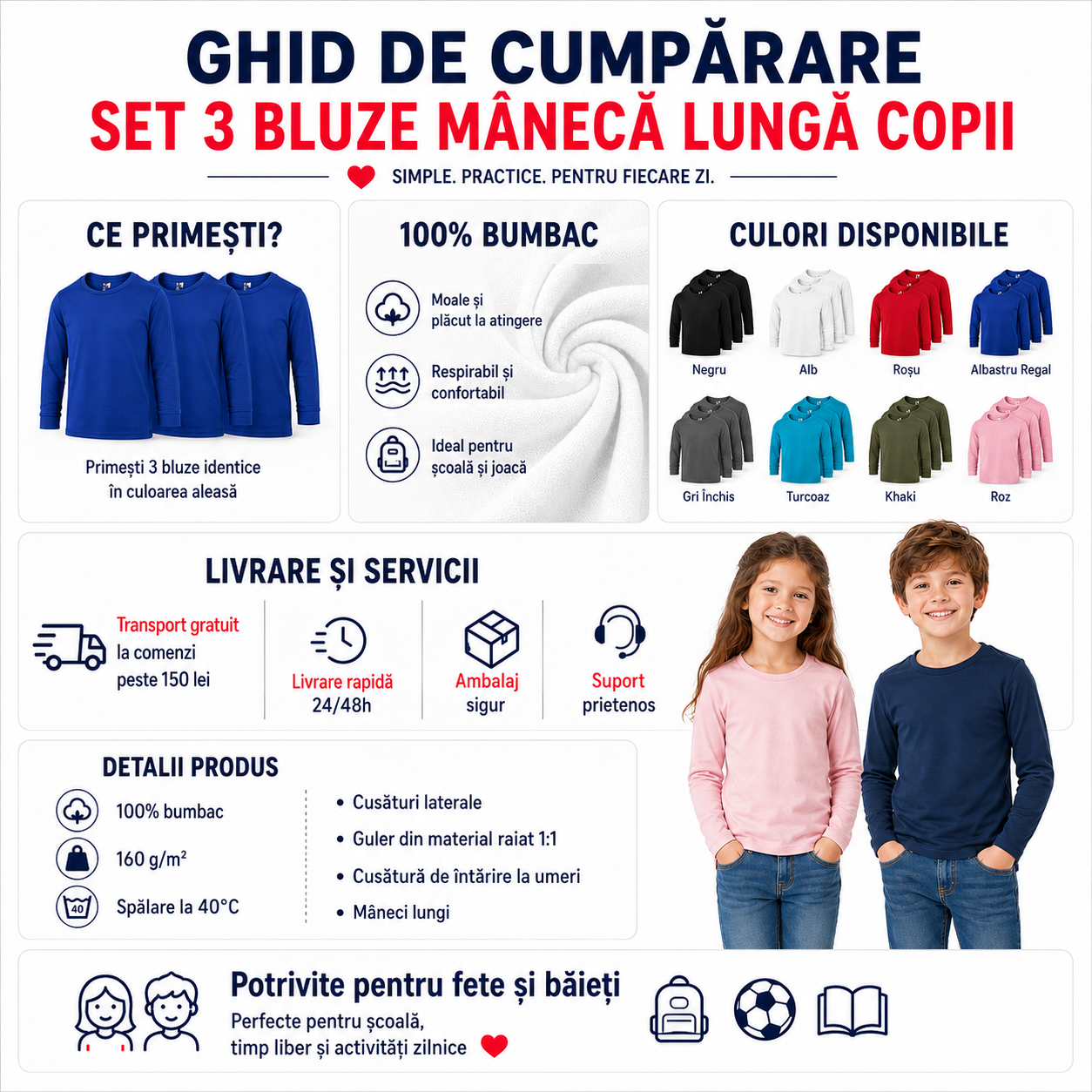 Set 3 bluze m&acirc;necă lungă copii din bumbac, confortabile, colorate și potrivite pentru școală și joacă